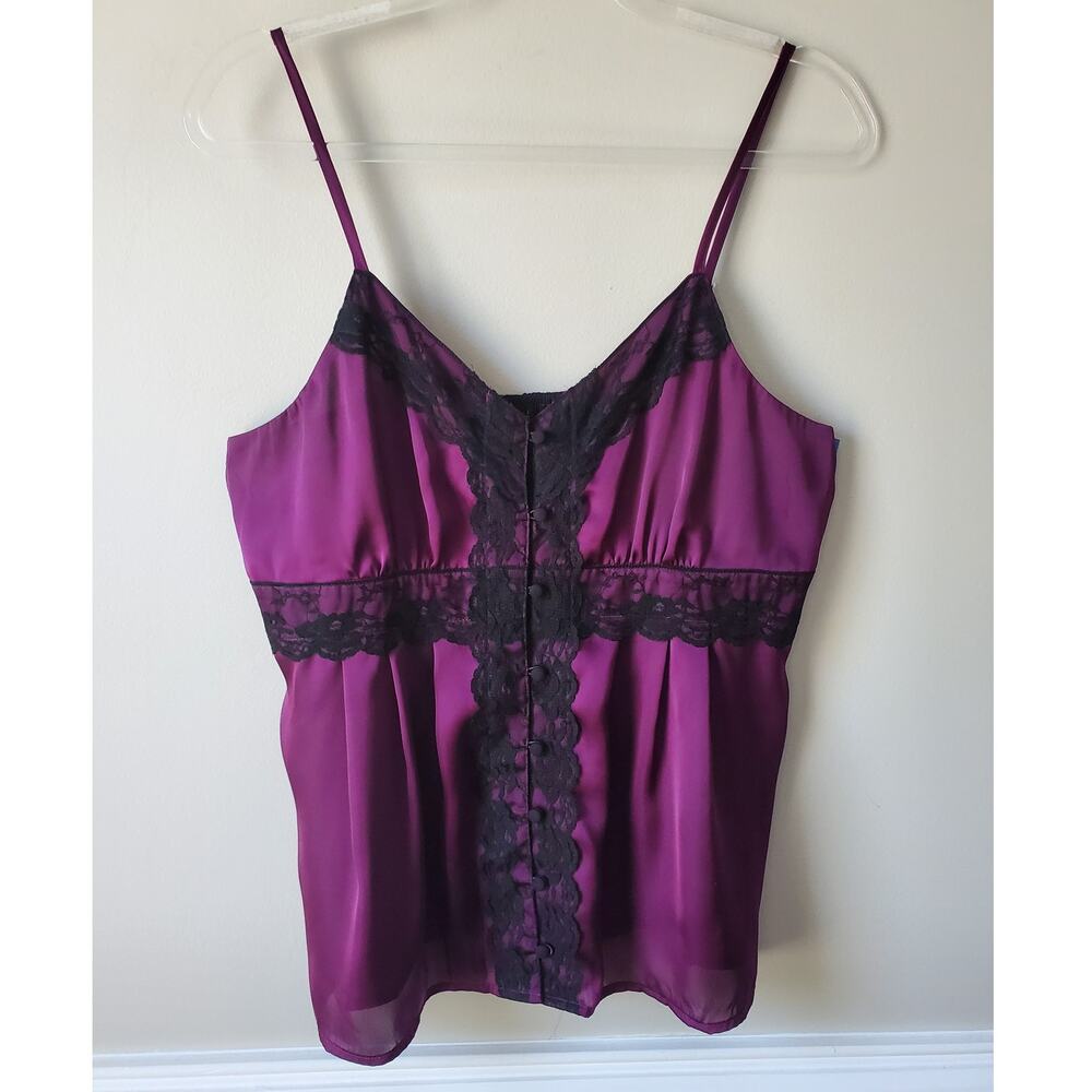 Women Purple Black Satin Lace Cami Tank Top L Whimsy Soft Goth Witchy Dark Fairy